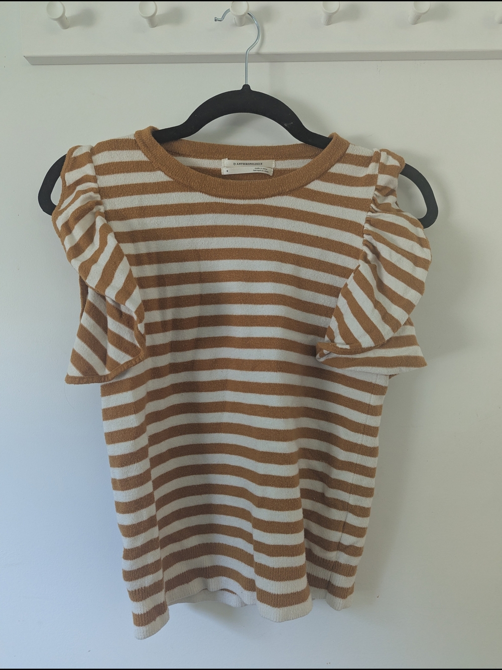 Anthropologie Tan & White Striped Ruffle Sleeve Tank